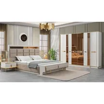 JV Möbel Luxus Schlafzimmer Gold Weiß Bett Kleiderschrank, 2x Nachttisch Komplettes Set