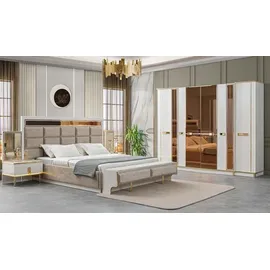 JV Möbel Luxus Schlafzimmer Gold Weiß Bett Kleiderschrank, 2x Nachttisch Komplettes Set