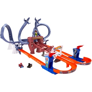 Hot Wheels RacerVerse Spider-Mans Netzschleuder-Rennbahn mit den Hot Wheels Rennautos Spider-Man und Black Panther, Rennen mit mehreren Runden auf der Flucht vor Dr. Octopus, HTM08