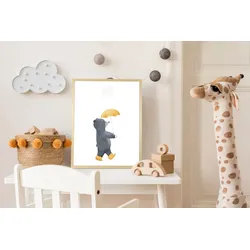 Bild mit Rahmen QUEENCE "Bär mit Regenschirm", gelb (farbe rahmen: natur, braun, beige, farbe bild(er): gelb), B:40cm H:50cm T:1,5cm, Plexiglas, Holz, Bilder, HD Premium Posterdruck mit Echtholzrahmen