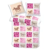 Träumschön Bettwäsche Premium Set aus Baumwolle 135x200 cm, Kinderbettwäsche Karo Pferd rosa, Baumwolle, 2 teilig, mit Reißverschluss, luftig und leichte Sommerbettwäsche für Kinder rosa