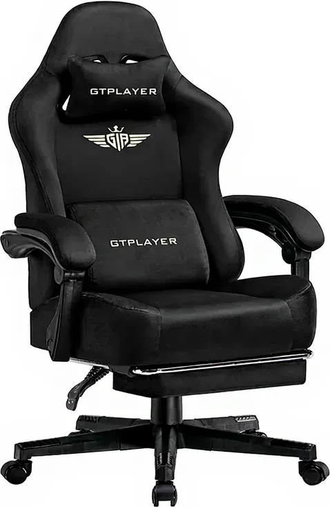 GTPLAYER Gaming-/Bürostuhl, ergonomisches Design, weiches stoffpolster, mit fußstütze, höhenverstellbarer rückenlehne, schwarz