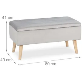 Relaxdays Sitzbank mit Stauraum, Samtbezug, 40 L, gepolstert, Holzbeine, Flur, 2er Truhenbank, 41 x 80 x 40 cm, hellgrau, Holz