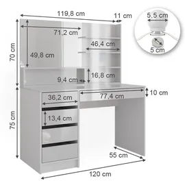 Vicco Schminktisch Sherry, Weiß Hochglanz 120 x 75 cm mit LED Beleuchtung, und Spiegelregal