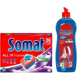 SOMAT Tabs 26 AW all in 1 Extra, Geschirrspül Tabs für strahlende Sauberkeit, bekämpfen selbst eingetrocknete Rückstände + Somat Duo Power Experten Klarspüler 750ml