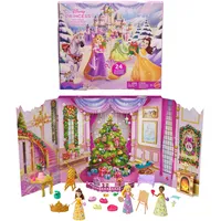 Mattel Disney Princesas Calendario de Adviento Con 24 días de sorpresas, incluidas 3 muñecas pequeñas, 3 Amigos, 6 prendas y 16 accesorios inspirados en las películas, JFG79
