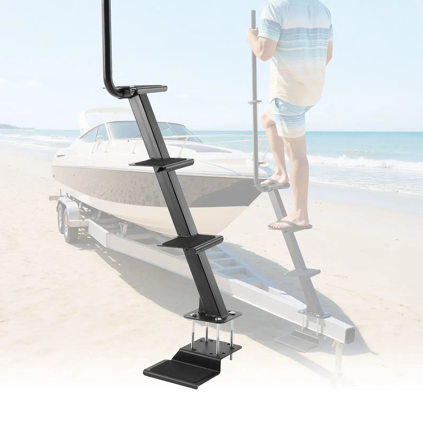 VEVOR Bootsanhänger-Stufe 4-stufig, Kohlenstoffstahl-Bootsanhängertreppe mit Griff & Rutschfester Oberfläche & 70°-Installationsneigungswinkel, Paasend für 3x3/3x5/4x4 Zoll Rahmen, Bodenmontage