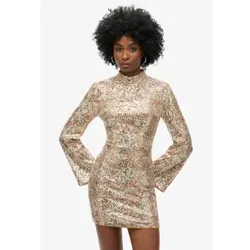 Superdry für Damen. W8011773A Goldfarbenes langärmeliges Minikleid mit Paillettenprint (M), Party, Langarm, Recyceltes Polyester, Nachhaltig