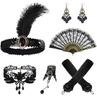 JNYUTEEN 6 Stück 20er Jahre Accessoires Damen, 20er Jahre Kostüm mit Stirnband Armband Handschuhen Ohrring Halskette Fächer, Kleid Zubehör für Abschlussball Mardi Gras Party
