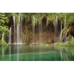 Fototapete PAPERMOON "WASSERFALL-FLUSS SEE WALD STEINE BLUMEN BERGE BACH XXL", bunt, B:3,50m L:2,60m, Vlies, Tapeten