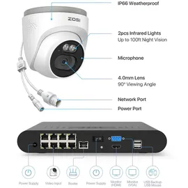 ZOSI 2,5K PoE Überwachungskamera Aussen Set, 8CH 5MP NVR mit 2TB HDD, 4X 4MP PoE Dome Kamera Überwachung Set mit Audio, Personenerkennung, 100ft Nachtsicht, C220