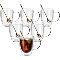 JNSMFC Doppelwandige Cappuccino Gläser mit 6 Löffel und Griff,6er Set 350ml,Doppelwandige Latte Macchiato Gläser groß,Kaffeetassen Glas,Cappuccino Gläser für Kaffee,Espresso,Latte,Tee,Milch,Bier,Eis