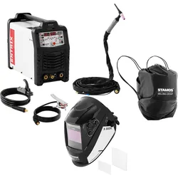 Stamos Welding Group Schweißset ALU Schweißgerät - 200 A - Duty Cycle 80 % - Schweißhelm X-Basic ENTRIX 220M-SET-5
