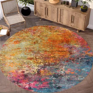 ARUGYTEI Teppich Rund, ø 160 cm, Vintage Modern Design Teppiche Wohnzimmer Schlafzimmer Zimmer,Modern Abstrakt Blau Fuchsia Rosa Orange Mehrfarbig,Bunt,