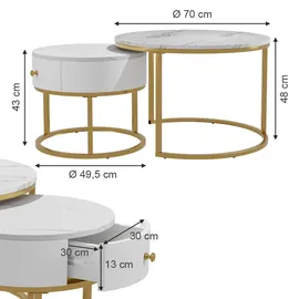 Vicco Couchtisch-Set Madrid, Marmor Weiß, 70 x 70 cm, Kleiner Tisch mit Schublade