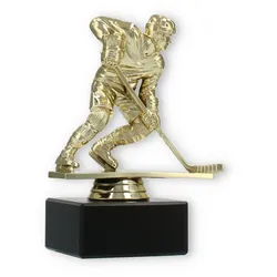 Pokal Kunststofffigur Eishockeyspieler gold auf schwarzem Marmorsockel 13,8cm