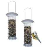Relaxdays Vogelfutterspender 2er Set, für Erdnüsse, Mehlwürmer, zum Aufhängen, Vogelfuttterstation HxD: 33x10 cm, Silber