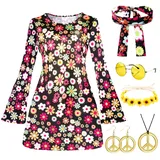 Hippie Kostüm Damen 60er 70er Jahre Bekleidung Damen, 60er 70er Disco Kostüm Damen, Faschingskostüme Flower Power Kleidung Damen, 7-teiliges Hippie Kostüm Set mit Hippie Kleid Hippie Accessoires