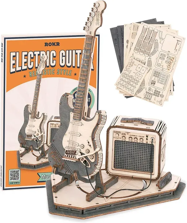 Robotime Rolife Elektrische Gitarre 3D-Holzpuzzle-Bausatz, 17x10,5x22cm, Deko, Bastelgeschenk für Erwachsene & Jugendliche