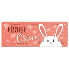 speecheese Frohe Ostern Metallschild L in 10,5x28cm mit niedlichem Osterhasen