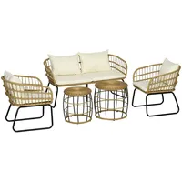 Outsunny 5 tlg. Rattan Gartenmöbel-Set mit Kissen, Gartengarnitur mit 2 Couchtischen, 2 Sesseln, 1 Doppelsofa, Sitzgarnitur für Garten, Terrasse, Stahl, PE Rattan, Polyesterstoff