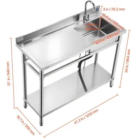 Vevor Spültisch Spülbecken Edelstahl (120 x 50 x 94 cm), Einzelbecken mit Wasserhahn & Ablage, Küchenspüle für Garage Restaurant Wäscherei, Waschtisch Außenspüle mit Arbeitsplatte (links)