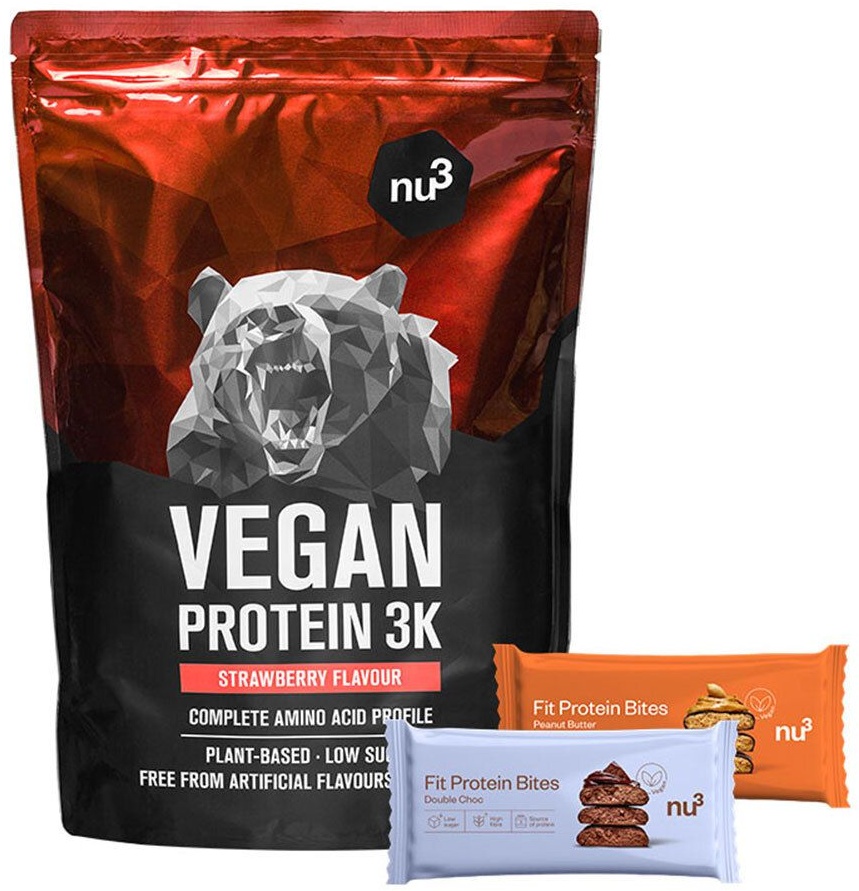 nu3 Vegan Protein 3K Shake, Fraise + Fit Protein Bites Peanut Butter + Fit Protein Bites Double-Choc 1 pc(s) set(s)