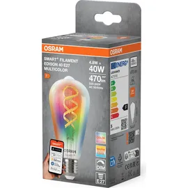OSRAM SMART+ LED-Lampe Edison 40 Filament E27, RGBW, Matter-kompatibel, WiFi-Anbindung, App- und Sprachsteuerung, 4,8W, Multicolor, dimmbar