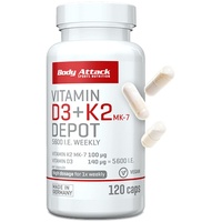 Body Attack Vitamin D3 + K2 Depot, 120 Kapseln - nur 1 Kapsel pro Woche, hochdosiert, Vitamin D3 5600 i.E. 140 μg, Vitamin K2 MK-7 100 μg, für Muskeln und Knochen, vegan