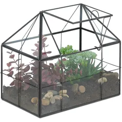 Relaxdays Pflanzenterrarium, Glas & Kupfer, 21x23x14 cm, Deko Glashaus Kakteen & Moos, Glaskasten Fensterbank, schwarz
