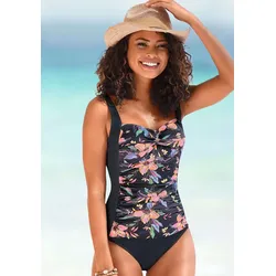 Badeanzug LASCANA "Malia", Damen, Gr. 44, Cup E, grau (anthrazit, bedruckt), Microfaser, Polyamid, bedruckt, floral, Badeanzüge, mit tropischem Print und Shaping-Effekt