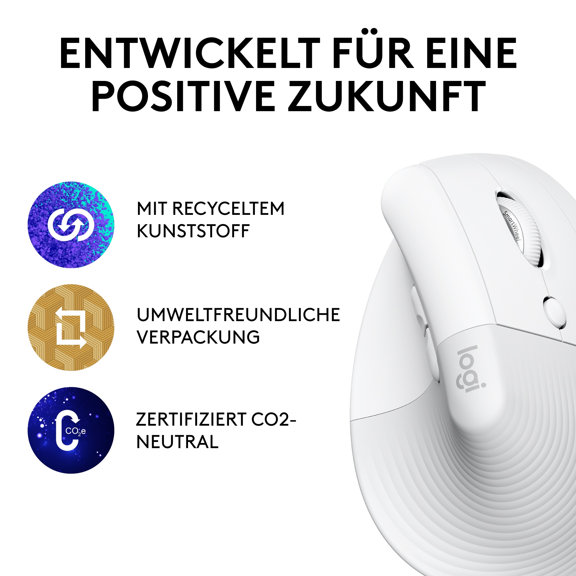 Logitech Lift Vertical Ergonomic Mouse, Gummibeschichtete Grifffläche, Bequeme Daumenauflage, 4 anpassbare leise Tasten