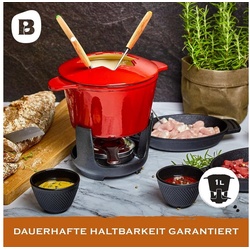 Bonvivre Raclette und Fondue-Set für 6 Personen, 1 Liter, 13-teilig mit Brenner und 6 Gabeln, Käsefondue Schokofondue Fleischfondue Gemüsefondue rot