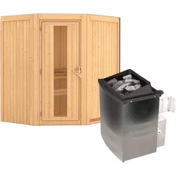 Karibu Sauna Taurin mit Eckeinstieg 68 mm -9 kW Ofen integr. Steuerung-Ohne Dachkranz-Energiesparende Saunatür mit Glaseinsatz