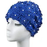 Medifier Damen Badekappe mit Hohlen Blumen und Perlen – Handgenäht (Blau)