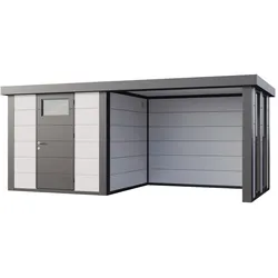 Telluria Metallgerätehaus Classico 2424 mit Lounge Anbau inkl. 2 Fenster weiß Lounge-Anbau rechts