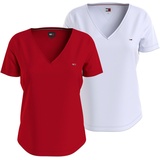 Tommy Jeans V-Shirt »TJW 2PACK SLIM SOFT V NECK TEE«, (Packung, 2 tlg 2er-Pack), in Basic Optik mit Markenlabel, Gr. XS (34), White/Red, , 83729625-XS