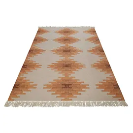 Green Looop Wollteppich GREEN LOOOP "Belle", beige (beige, hell), B:300cm H:5mm L:400cm, Wolle, Teppiche, Fransen, Kelim, handgewebt, Natur, Wohnzimmer, Schlafzimmer, Raute