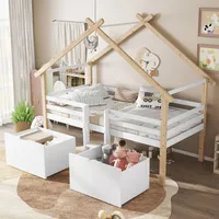 XDOVET Kinderbett, Halbhohes Bett,Hausbett mit Dach, Vierseitiger Zaun, Mit Treppe, 2 Schließfächer mit Rädern,90x200cm
