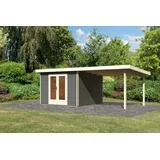 Woodfeeling Karibu Gartenhaus Radeburg 1 inkl. 3,30m Schleppdach - 40mm-309 x 309 cm- terragrau mit 3,3 m Anbaudach