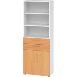 bümö Aktenregal & Schrank abschließbar, Büroschrank Regal & Schubladen Kombination Holz 80cm breit in Weiß/Ahorn - Schrank für's Büro &