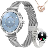 Smartwatch Damen mit Halskette Geschenk 1,27" Rund Touch Gold Menstruationszyklus Schrittzähler Blutdruck Wasserdicht Sport Telefonfunktion - Silber
