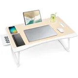 Amaredom Laptoptisch, Laptoptisch für Couch, Klappbarer Lapdesk mit Schublade und Tassenhalter für das Frühstück auf dem Bett/Liege/Sofa (60 x 40 cm, Weißeiche)