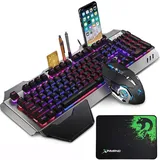 Kabelgebundene Gaming-Tastatur und -Maus-Set, RGB-LED-Hintergrundbeleuchtung, Metallplatte, 104 Tasten, Handauflage, USB-Gamer, beleuchtete Tastatur, 2400 DPI, optische 6 Tasten, PC-Spielmaus +