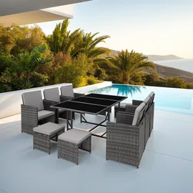 Tectake tectake® Rattan Sitzgruppe, für 6 bis 10 Personen, UV-beständig, zusammenschiebbar, inklusive Schutzhülle