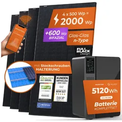 Solarway® All In One Balkonkraftwerk mit Speicher 2000W komplett Steckdose - 5,1 kWh Marstek Jupiter E Speicher - Solaranlage Komplettset - 500W bifaziale Solarmodule & Marstek Speicher
