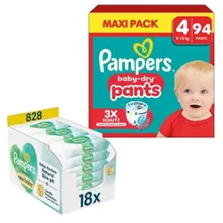 Pampers Windelset Baby-Dry Pants, Gr. 4 Maxi, 9-15kg, Maxi Pack (1 x 94 Pants) und Feuchttücher Harmonie New Baby, 828 Tücher (18 x 46 Stk), 4 (9-15 kg)