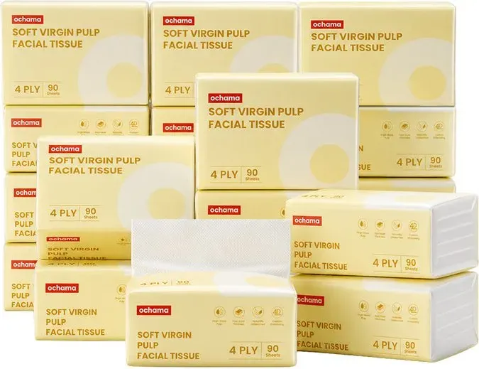 ochama Weiche Zellstoff‐Hautfreundliche Taschentücher, 4‐lagig geprägt, extra dick für Gesicht und Tisch, 90 Blatt × 20 Packungen, Familienpackung