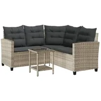 vidaXL Gartensofa in L-Form mit Tisch und Kissen Hellgrau Poly Rattan