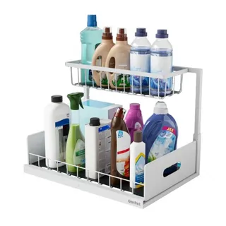 GarPet Spülschrank Organizer schmal ausziehbar Küche Metall 2 Etagen unter Waschbecken Regal Küchen Organizer Gewürzregale Organizer für Badezimmer weiß